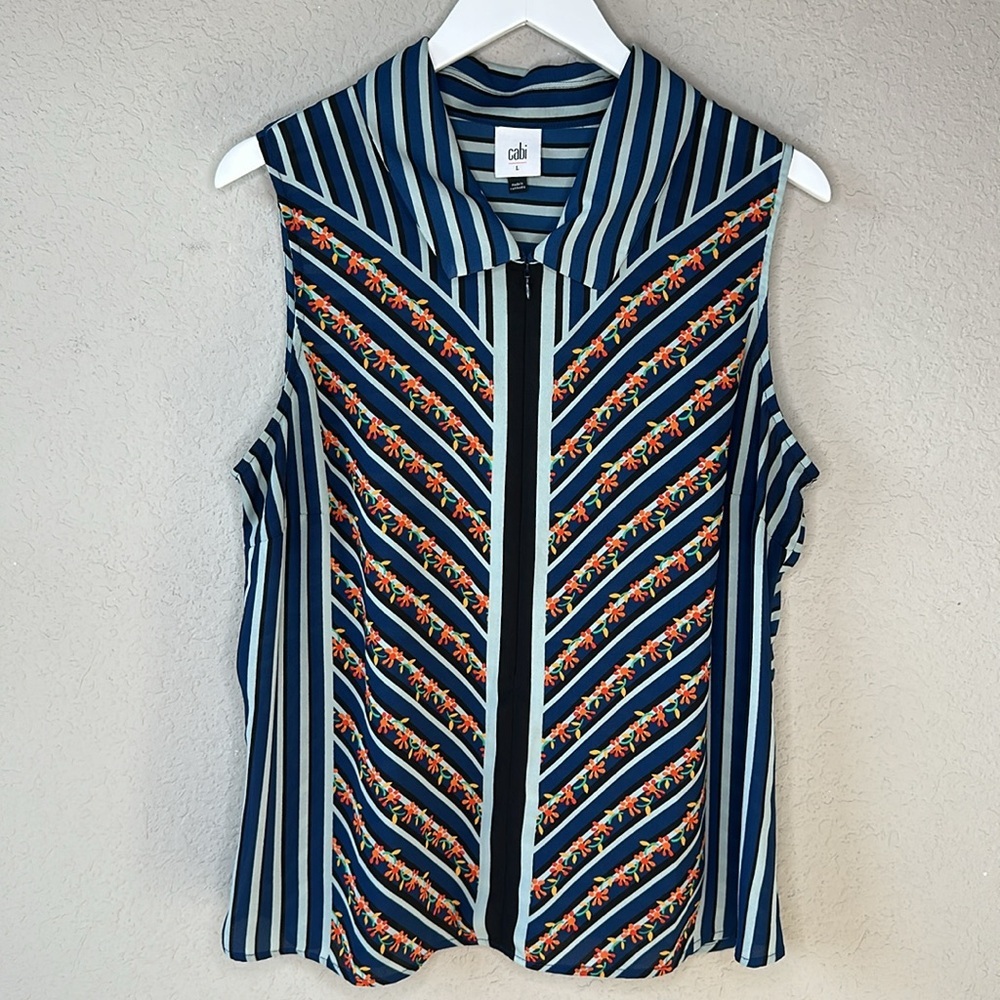 CAbi Floral and Chevron Striped Sleeveless Collard Zipper Front Top 6318 Size L - Picture 6 of 13